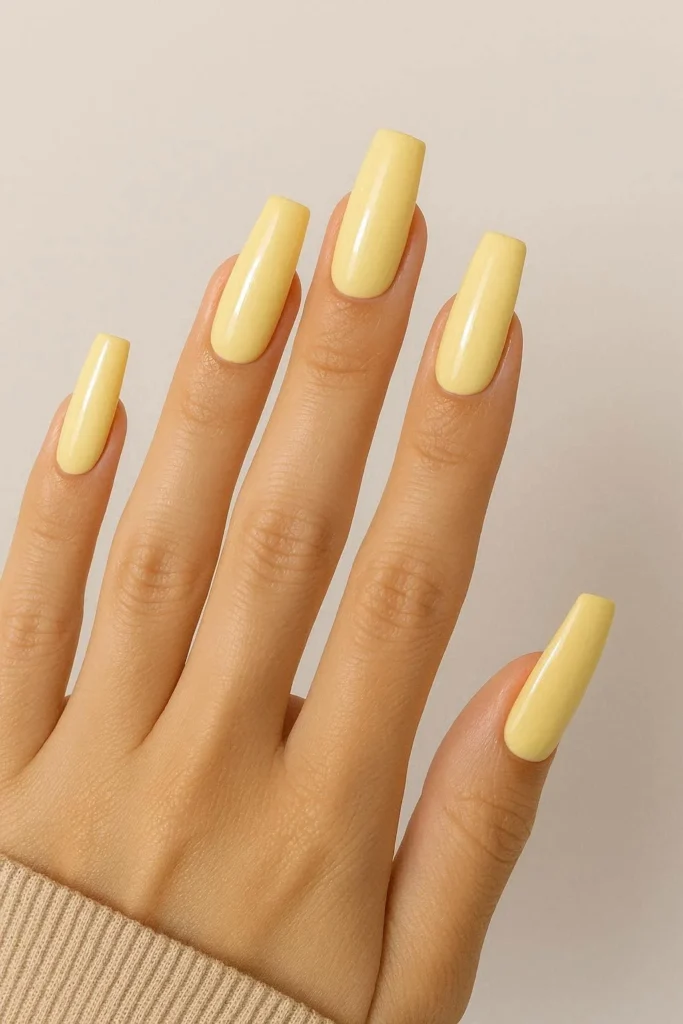 Long butter yellow coffin nails with glossy topcoat 