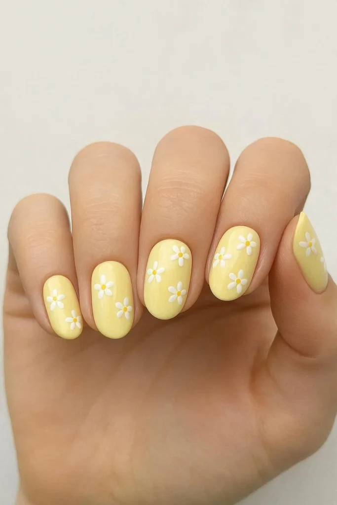 Butter yellow nails with tiny white floral nail art 