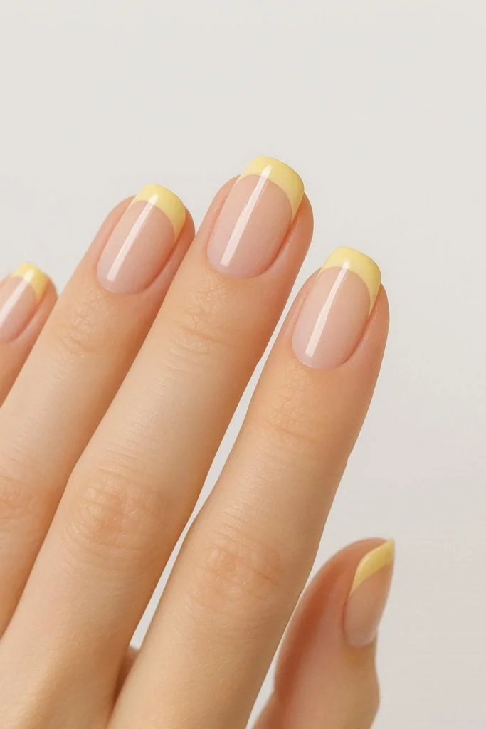 Butter yellow French tip nails on nude base 