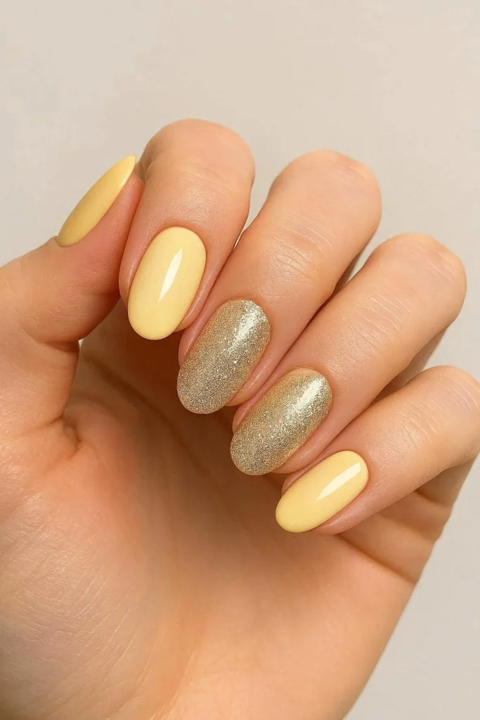 Butter yellow nails with champagne glitter accent nail 
