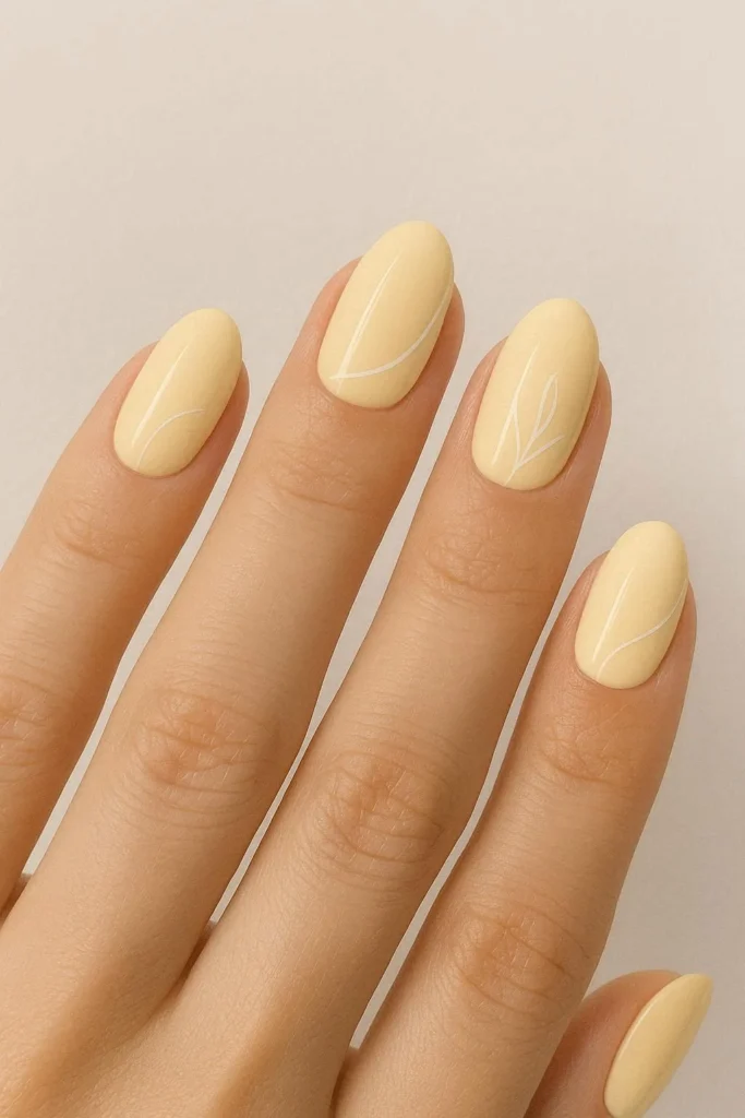  Butter yellow nails with minimal white line art design 