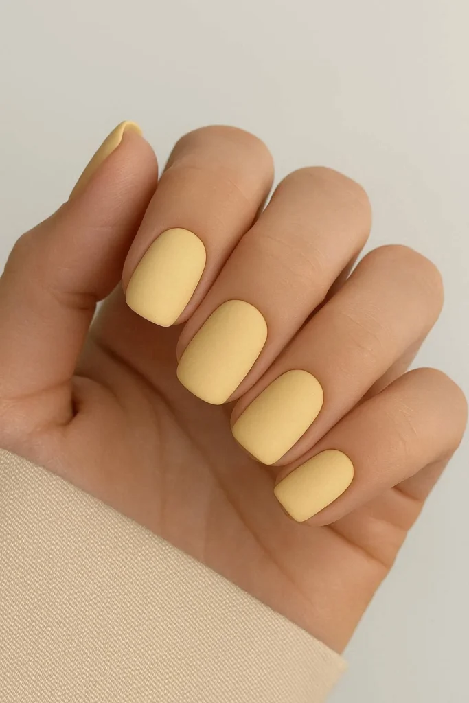 Butter yellow matte nails with velvety finish 