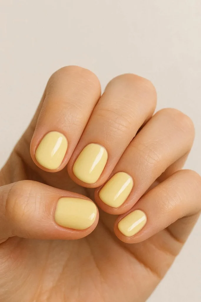 Butter yellow short nails with glossy finish
