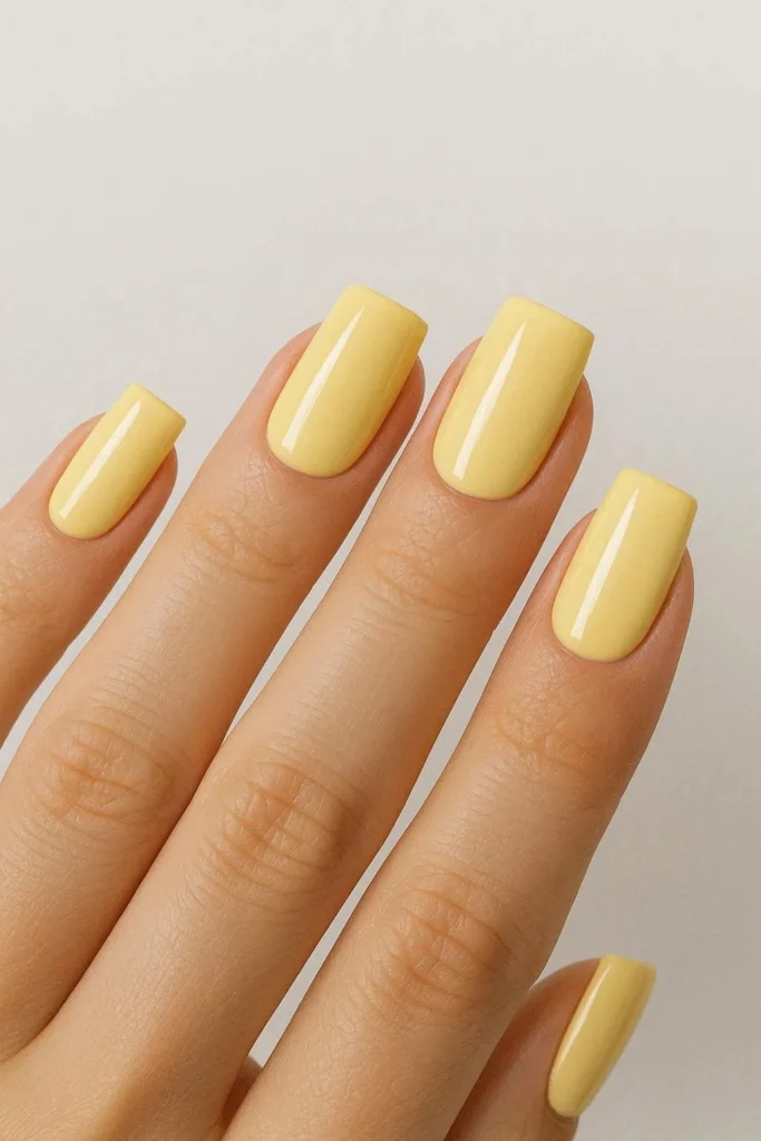 Butter yellow square nails with glossy finish
