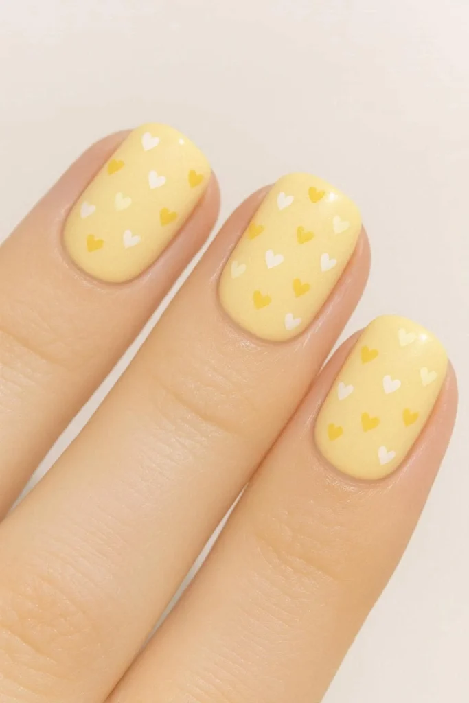 Butter yellow nails with tiny micro heart nail art 