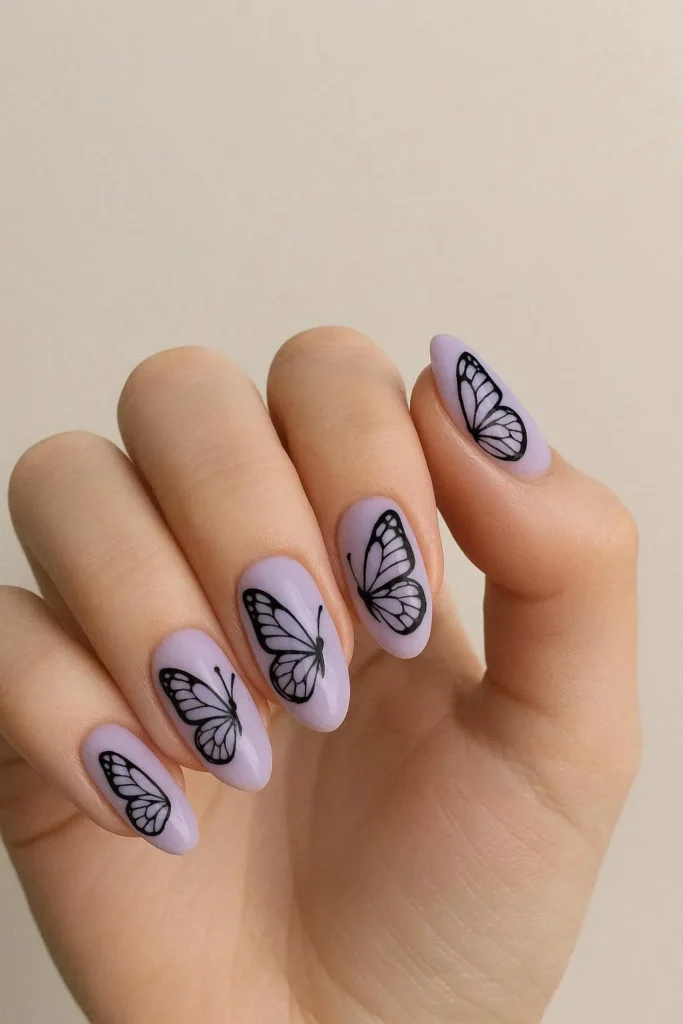 Cute butterfly nail ideas with dainty wings on soft purple pastel base 