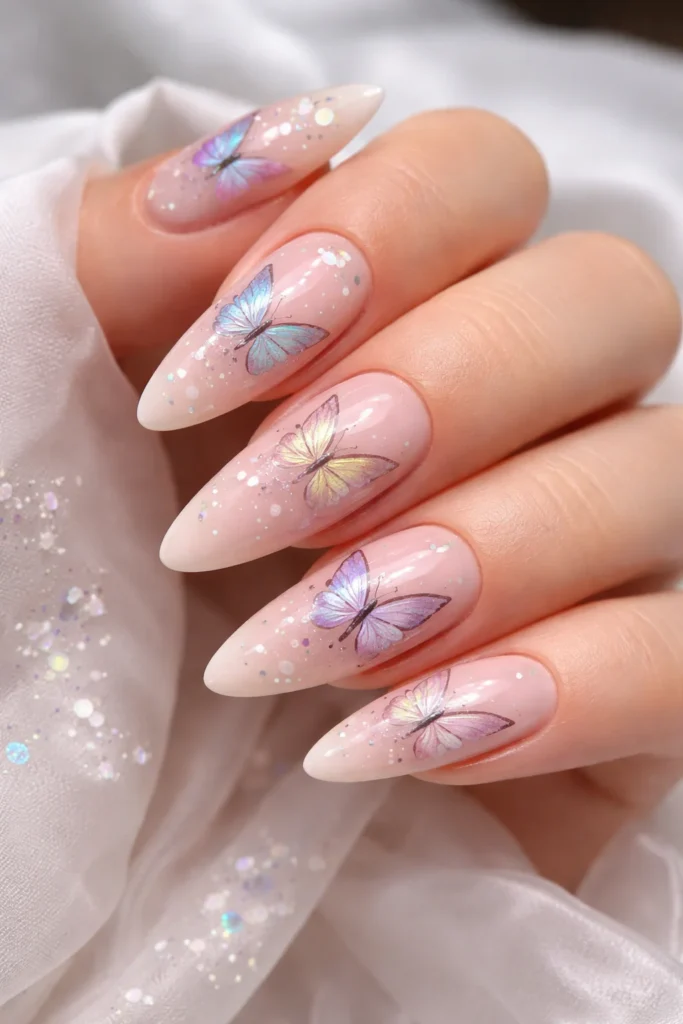 Butterfly nail art prom design on soft nude base with glossy finish