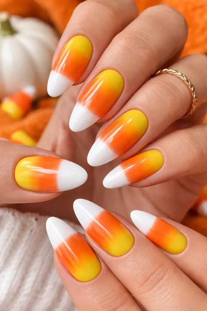 Yellow orange and white candy corn Halloween nail design