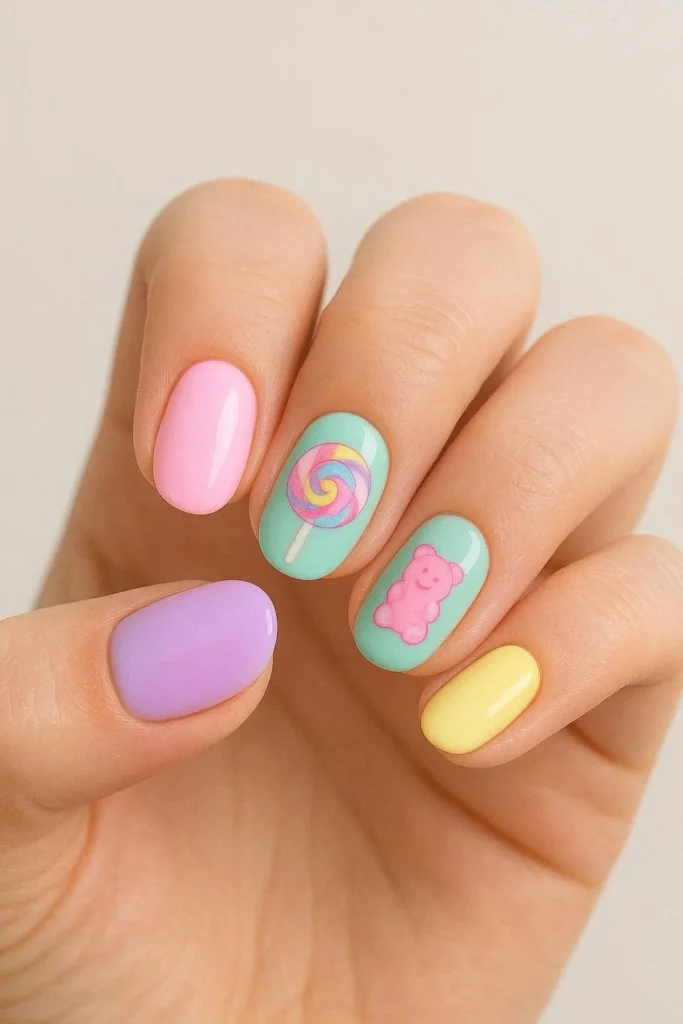 Cute candy inspired nail designs in bright sweet pastel colors per nail 