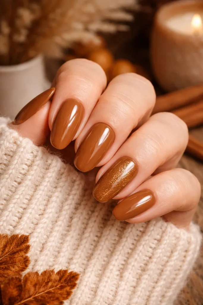 Caramel brown glossy nails for cozy fall season vibes