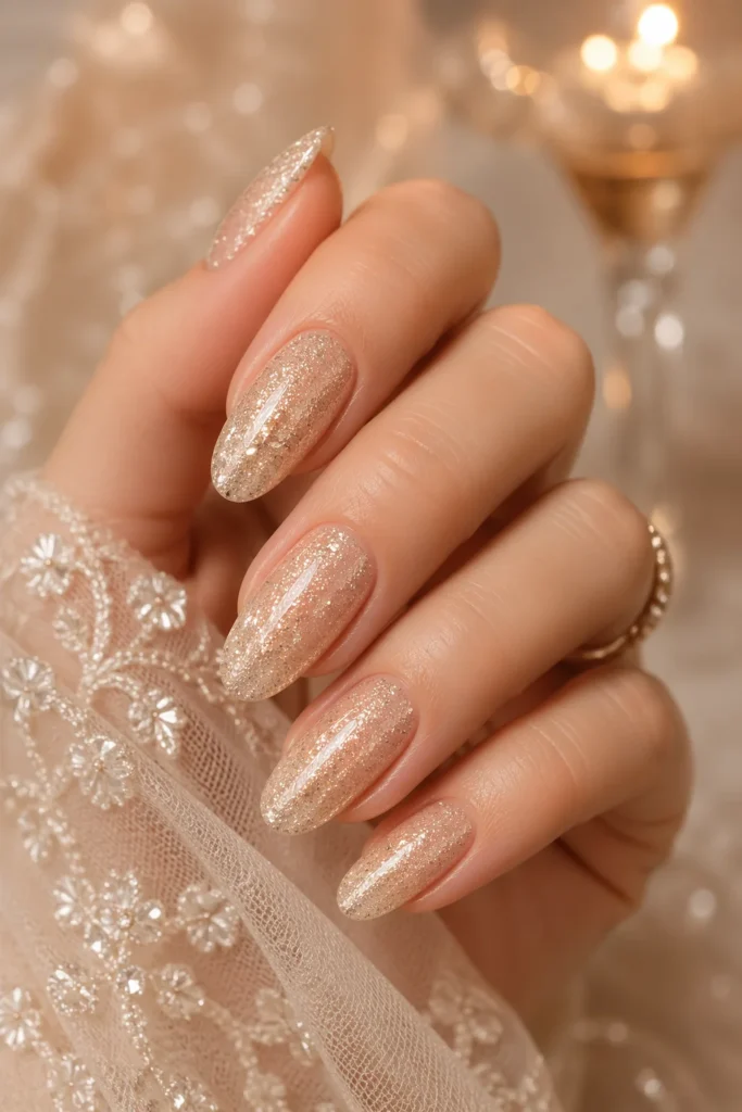 Champagne glitter bridal nails with soft warm sparkle finish