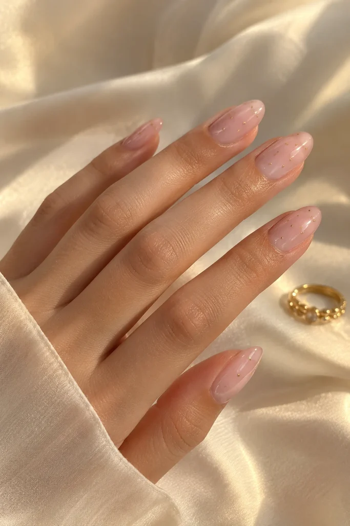 Milky pink oval nails with tiny champagne gold dots