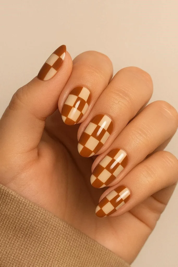 Trendy brown and beige checkerboard pattern nails for fall