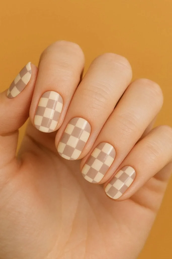  Checkerboard school nails in soft neutral pastel tones 