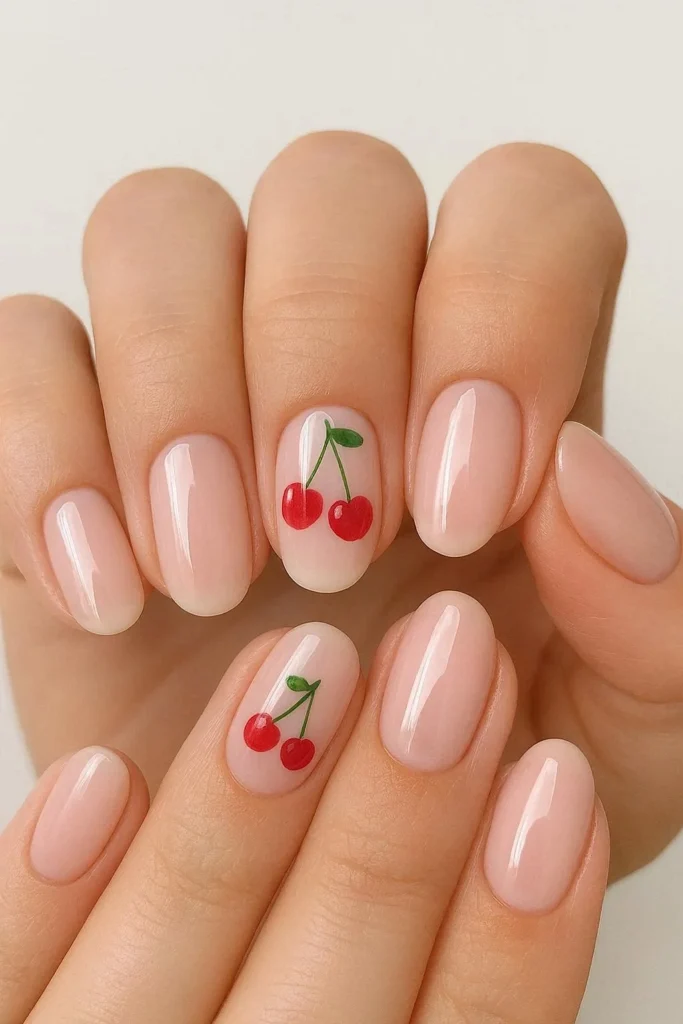 Nude base nails with hand-painted red cherry accent details