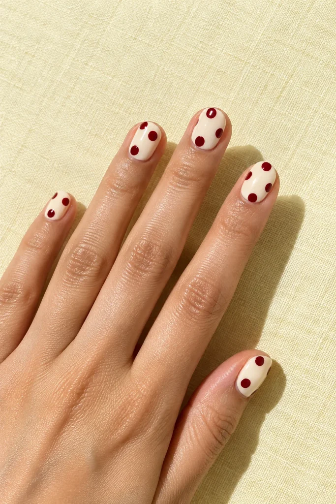 Cream round nails decorated with oversized cherry red dots