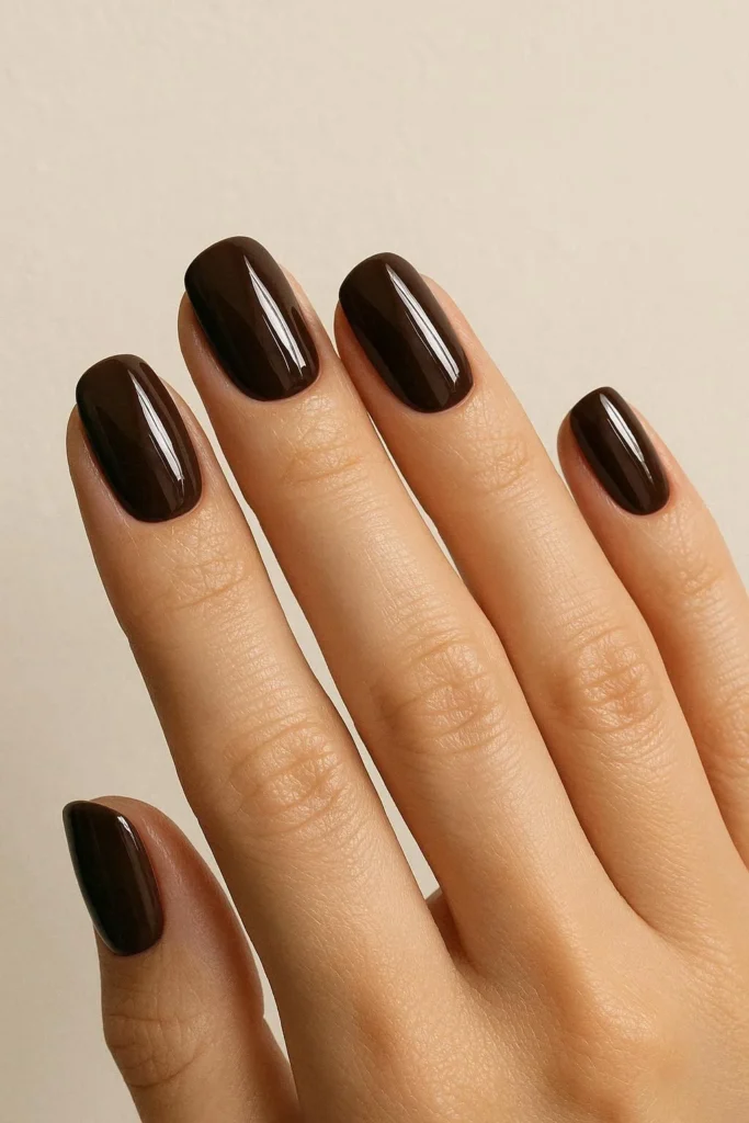 Chocolate brown glossy nails with a rich deep shine
