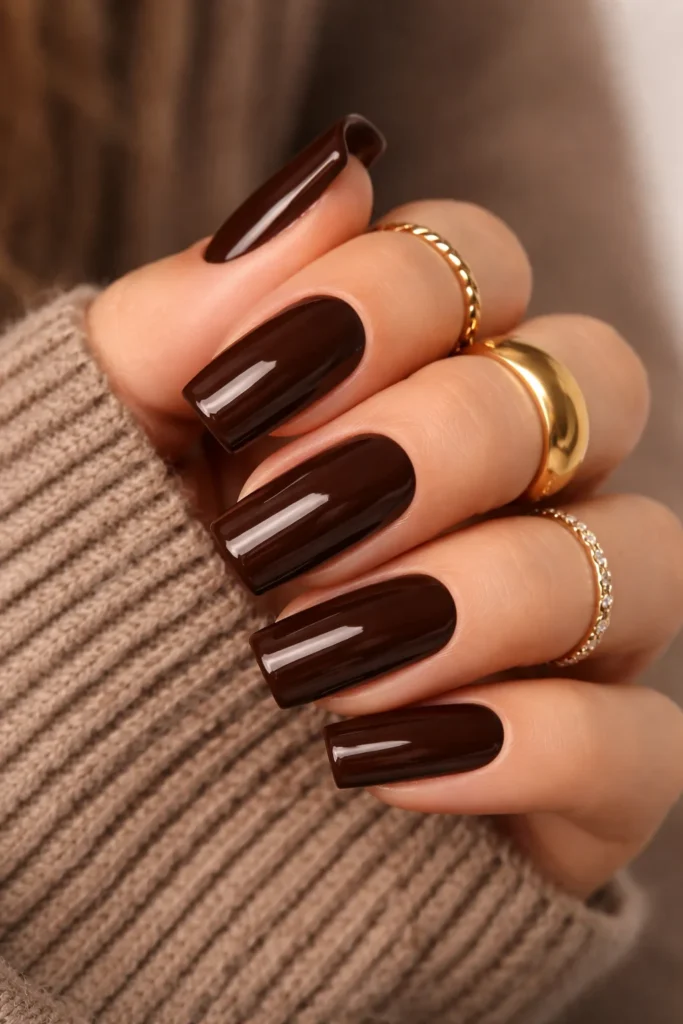 Chocolate brown glossy nails for cozy autumn vibes