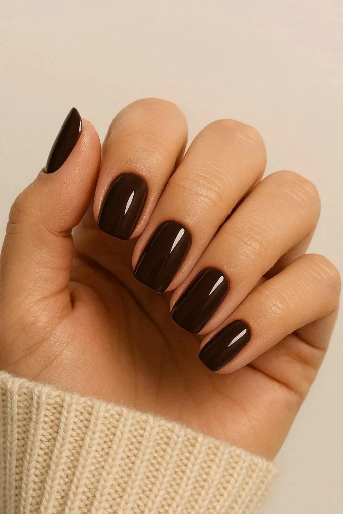 Deep chocolate brown glossy nails for a rich look
