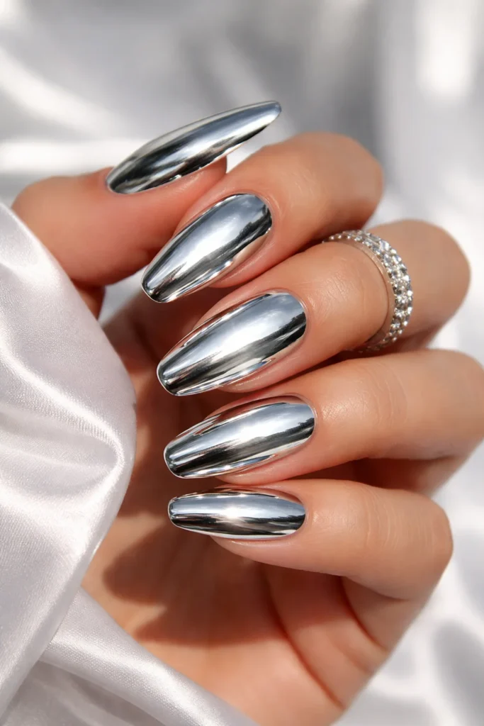 Chrome mirror prom nails with high-shine silver metallic finish