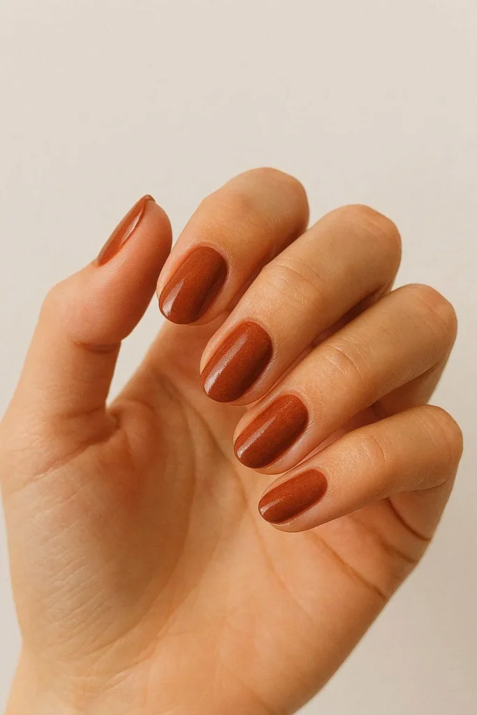 Warm reddish brown cinnamon spice nails for cozy autumn days