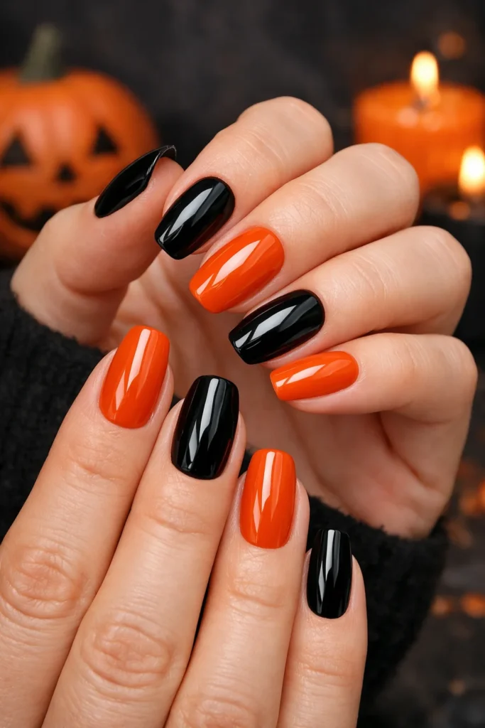 Classic black and orange Halloween nails with glossy finish