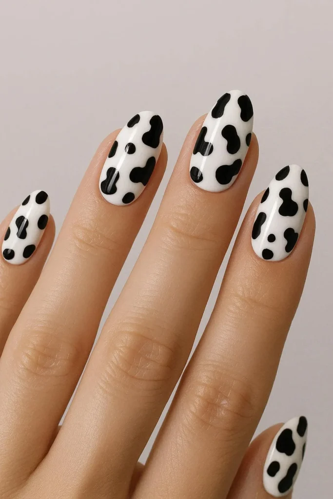 Classic cow print nails with white base and black spots