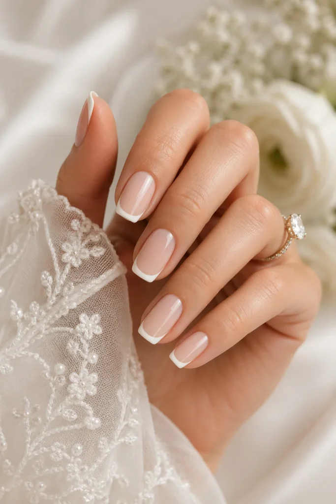 Classic French tip bridal nails on soft nude base