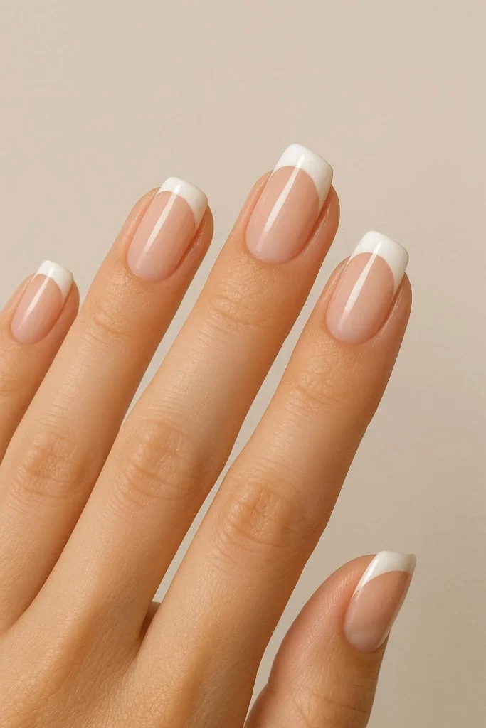 Classic French tip school nails with white tips on a nude base