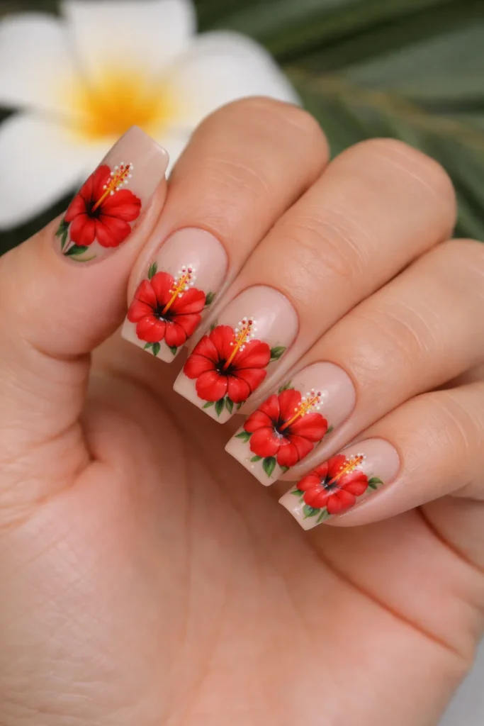 Classic red hibiscus flower nails on nude base 