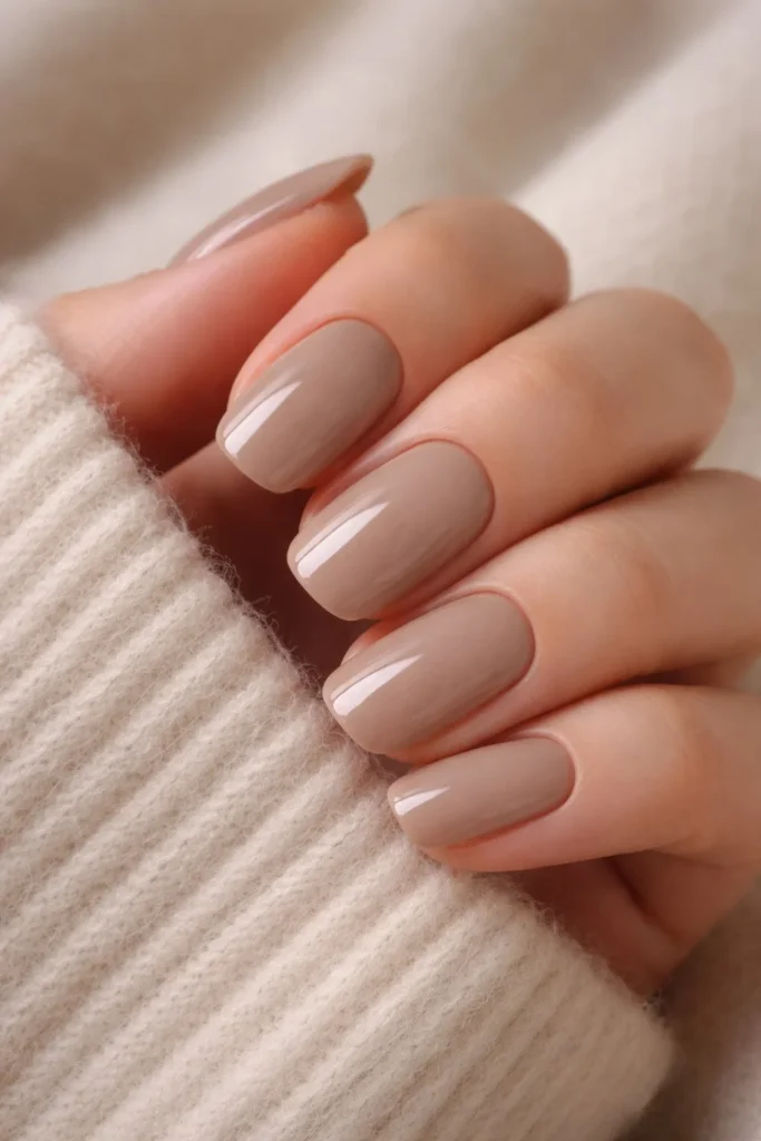 Clay nude nails in a muted warm beige tone
