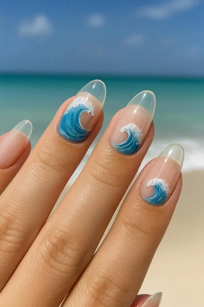 Clear ocean beach nail ideas transparent jelly base with wave details