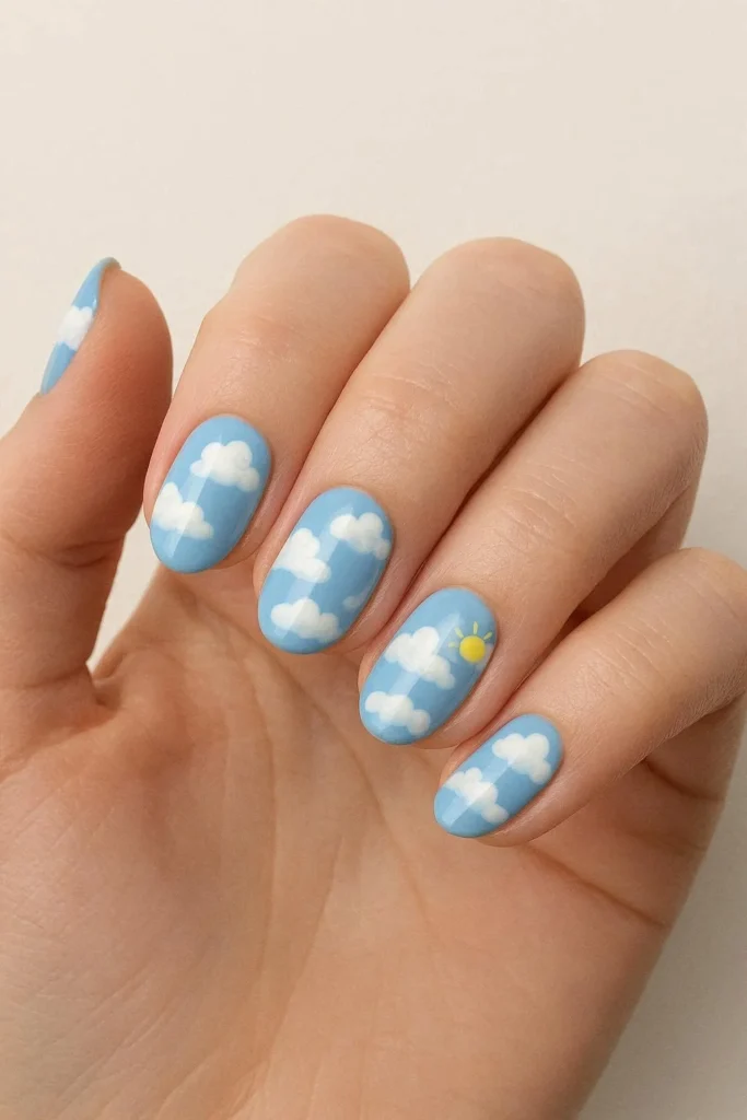  Cute cloud nail ideas with fluffy white clouds on baby blue base 