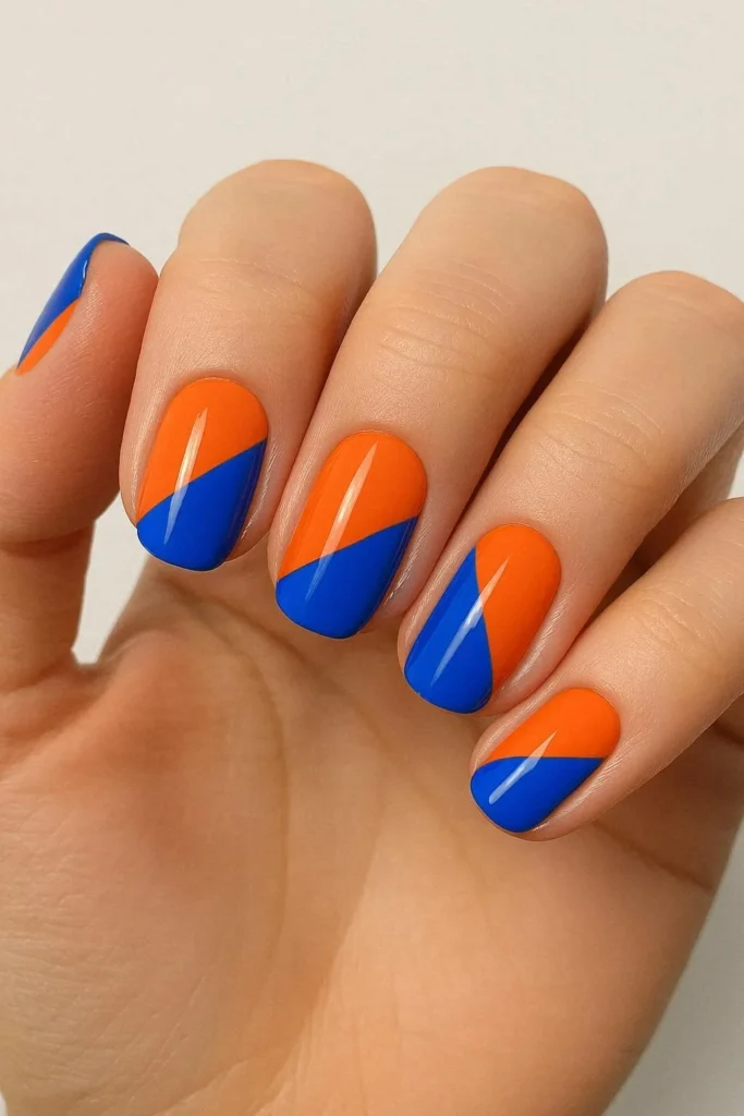color block nails with bold contrasting sections of bright colors