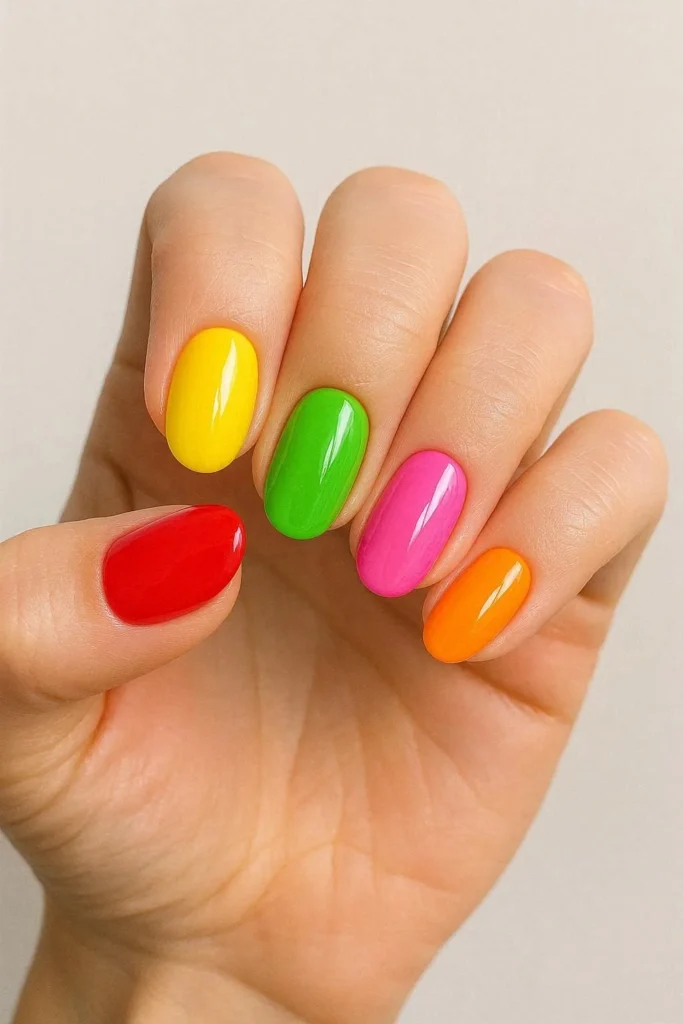 Rainbow colorful nails in red yellow green pink and orange fruit shades