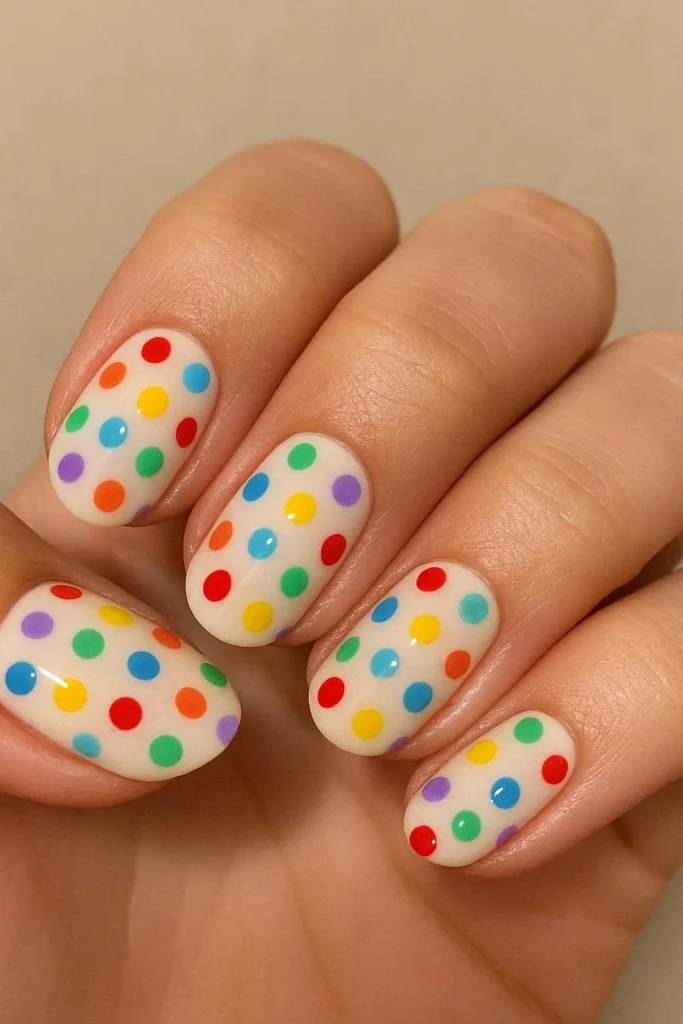 Neutral base nails with multicolor rainbow polka dots design