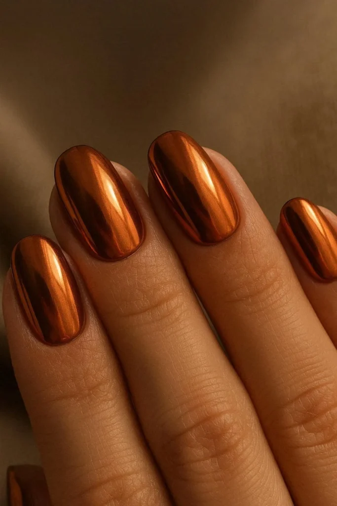 Metallic copper chrome nails with a warm burnished finish