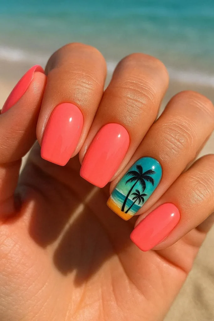 Coral pink beach nail ideas vibrant tropical summer nail color