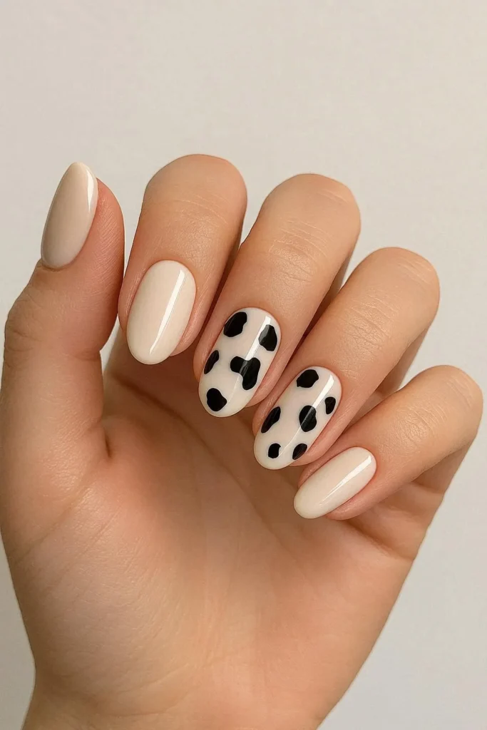 Cow print accent nails with neutral base and cow print detail 