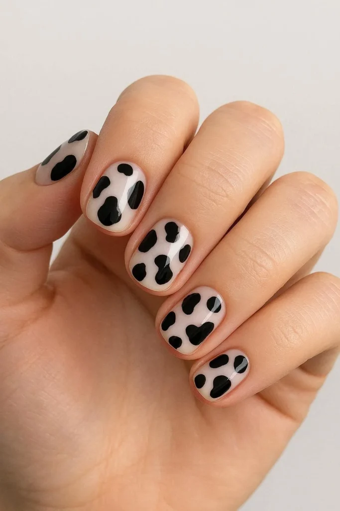 Cow print short nails with black spots on white base 