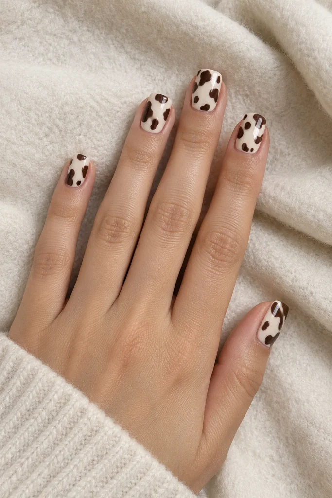 Short square nails featuring cream and chocolate cowhide print