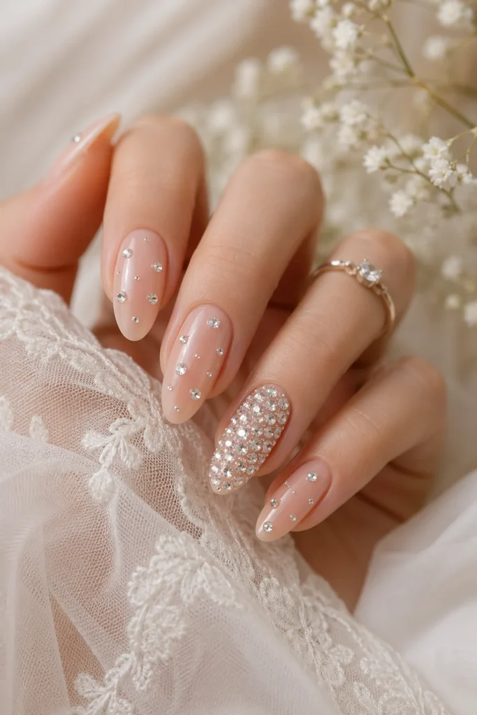 Delicate crystal rhinestone accent nails on nude bridal base