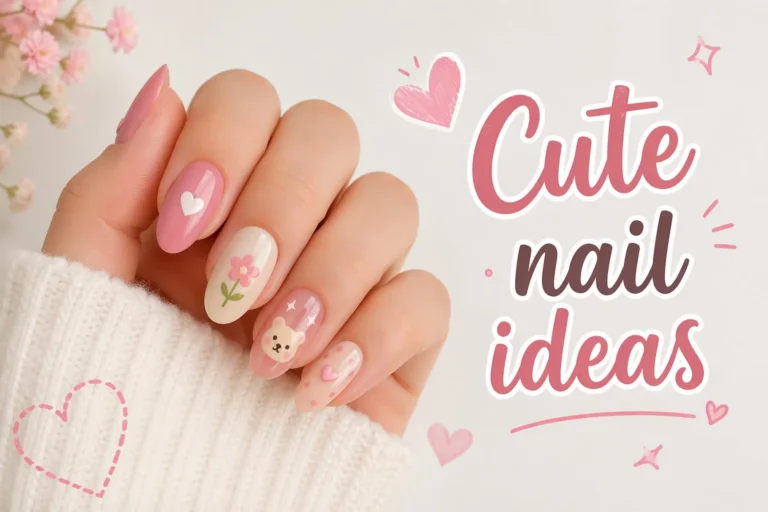 Cute pink nail art with heart, flower, and teddy bear designs on glossy nails
