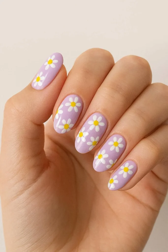Cute daisy flower nail designs with white petals on pastel lavender base