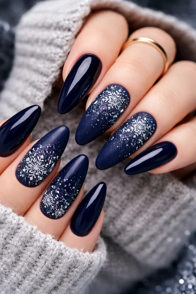 Dark navy blue winter nails glossy jewel tone seasonal manicure