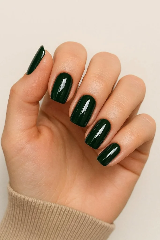 Deep forest green glossy nails for a bold fall look