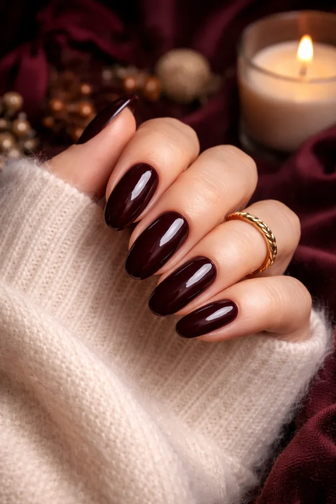 Deep burgundy winter nails glossy matte seasonal nail color