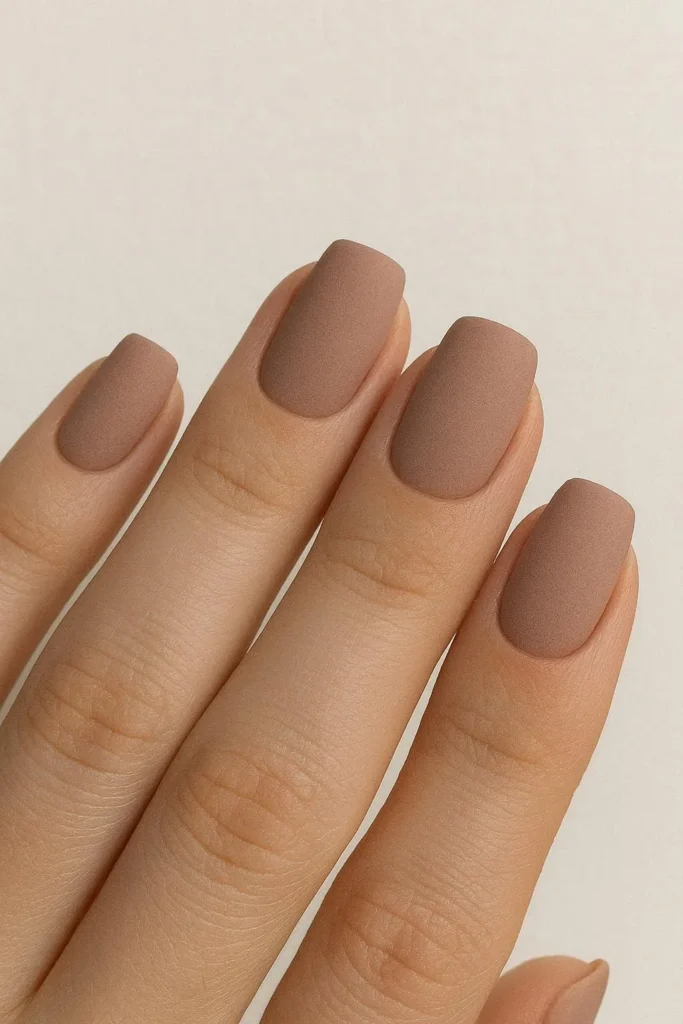 Dusty nude nails in soft muted tones for a minimalist western look 