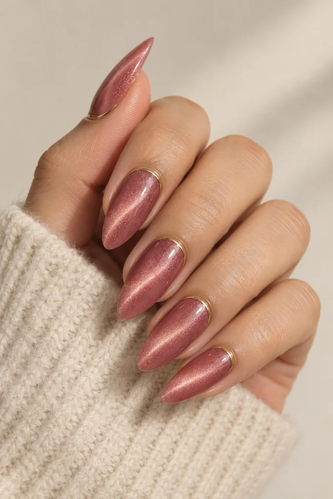 Dusty rose almond nails with velvet cat-eye polish and gold accents