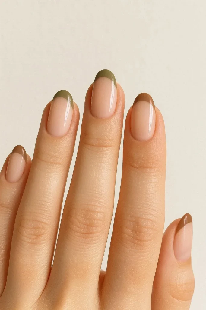 Earthy French tip nails with a brown or olive tip on a nude base
